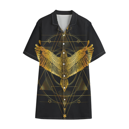 Golden Spiritual Bird Print Cotton Hawaiian Shirt