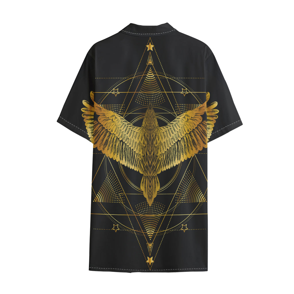 Golden Spiritual Bird Print Cotton Hawaiian Shirt