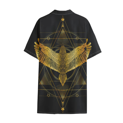 Golden Spiritual Bird Print Cotton Hawaiian Shirt