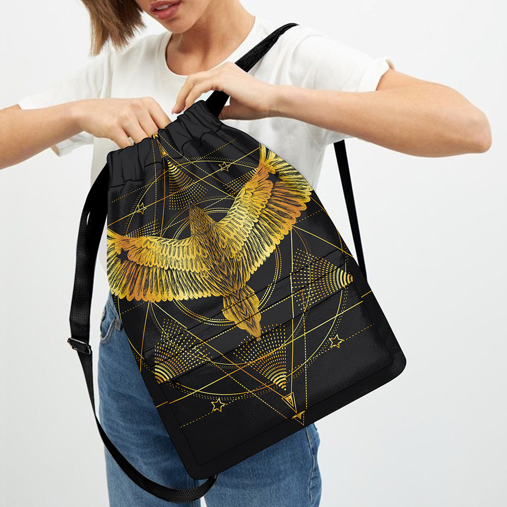 Golden Spiritual Bird Print Drawstring Backpack