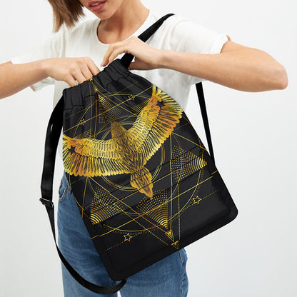 Golden Spiritual Bird Print Drawstring Backpack