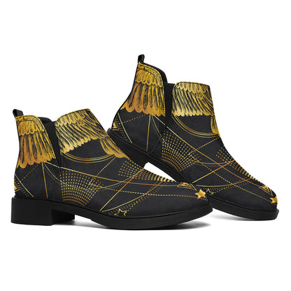 Golden Spiritual Bird Print Flat Ankle Boots