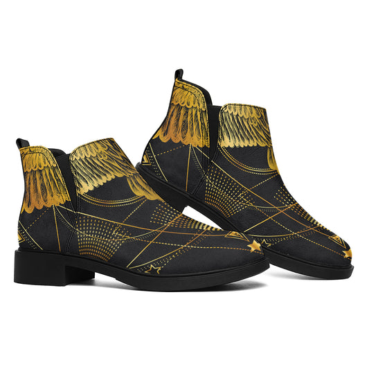 Golden Spiritual Bird Print Flat Ankle Boots