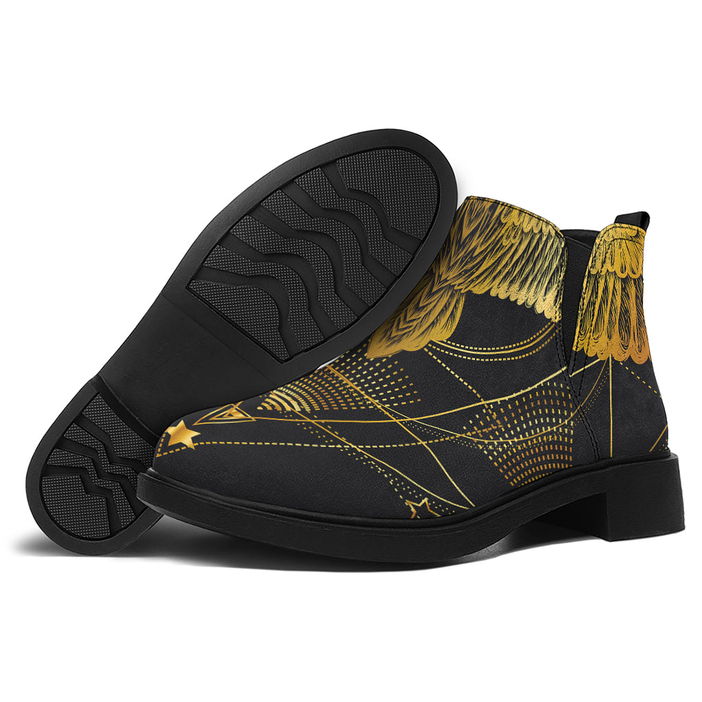 Golden Spiritual Bird Print Flat Ankle Boots