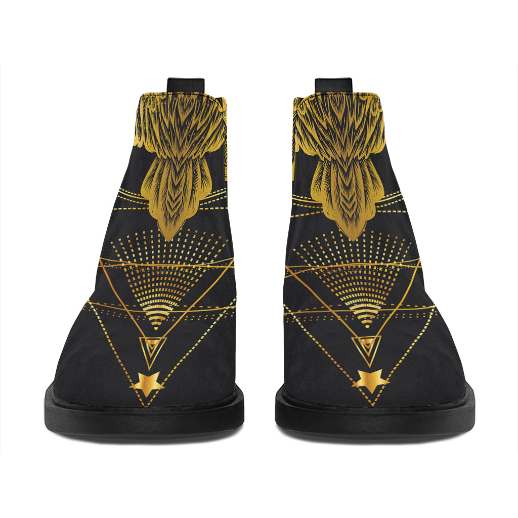 Golden Spiritual Bird Print Flat Ankle Boots