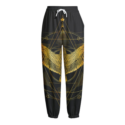 Golden Spiritual Bird Print Fleece Lined Knit Pants