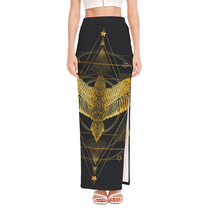 Golden Spiritual Bird Print High Slit Maxi Skirt