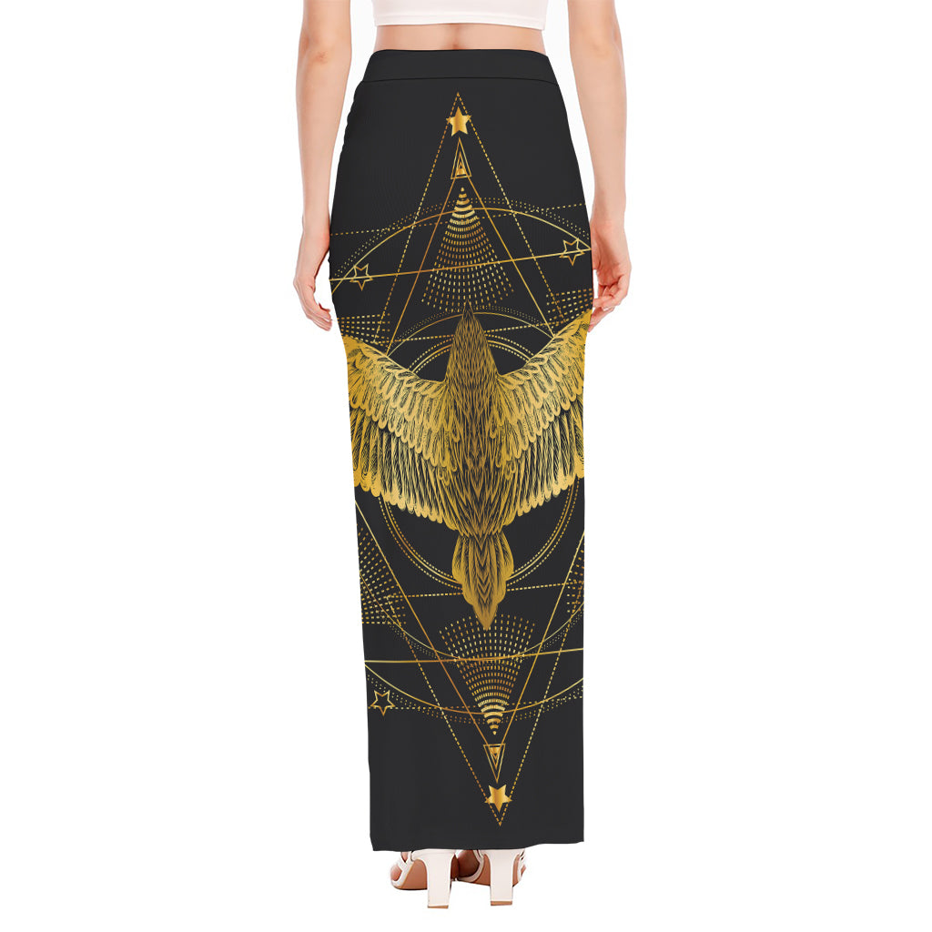 Golden Spiritual Bird Print High Slit Maxi Skirt