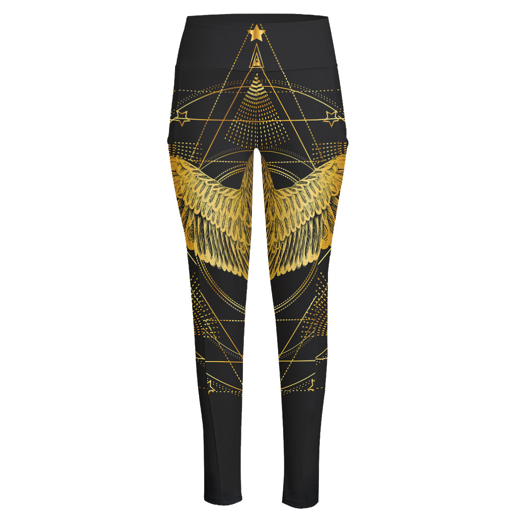 Golden Spiritual Bird Print High-Waisted Pocket Leggings