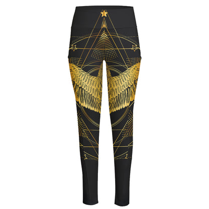 Golden Spiritual Bird Print High-Waisted Pocket Leggings