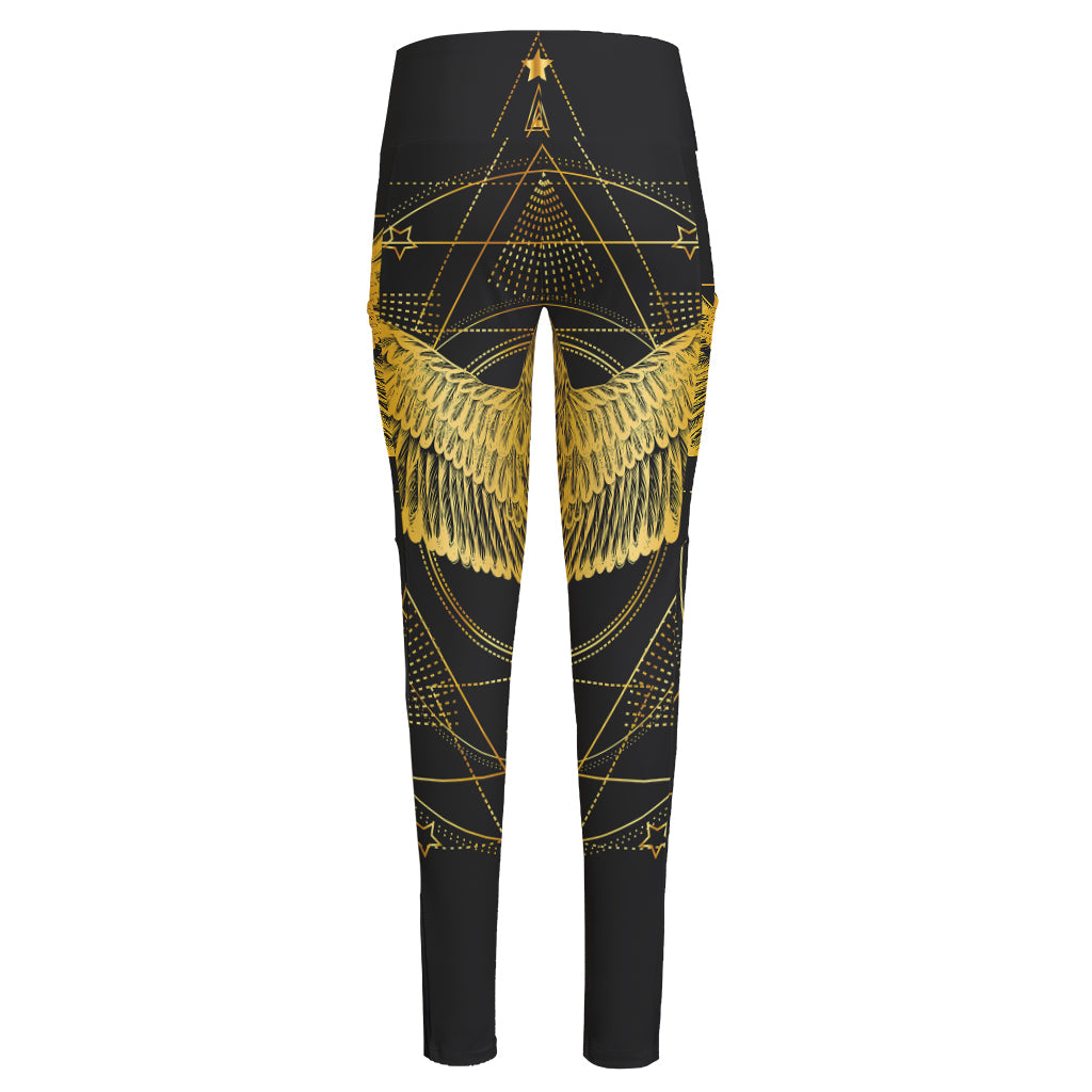 Golden Spiritual Bird Print High-Waisted Pocket Leggings
