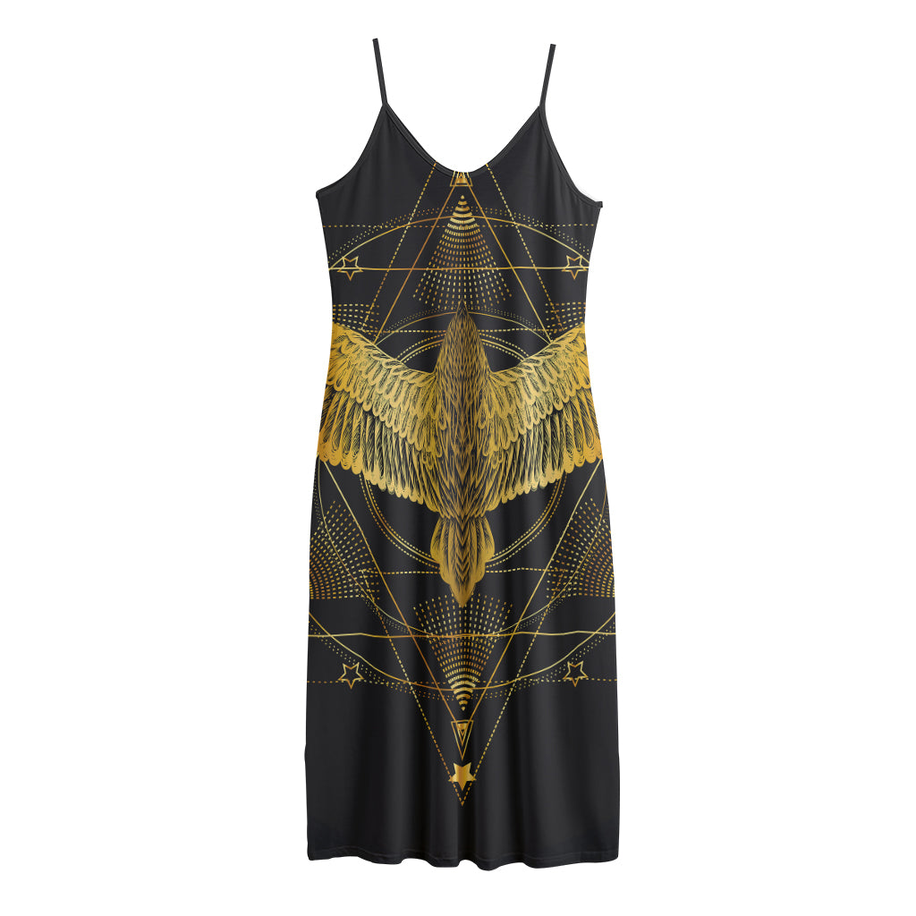 Golden Spiritual Bird Print Jersey Midi Cami Dress