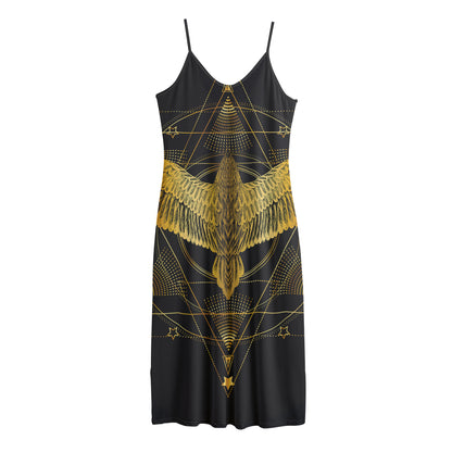 Golden Spiritual Bird Print Jersey Midi Cami Dress