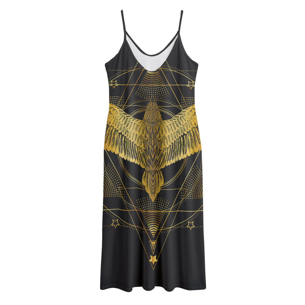 Golden Spiritual Bird Print Jersey Midi Cami Dress