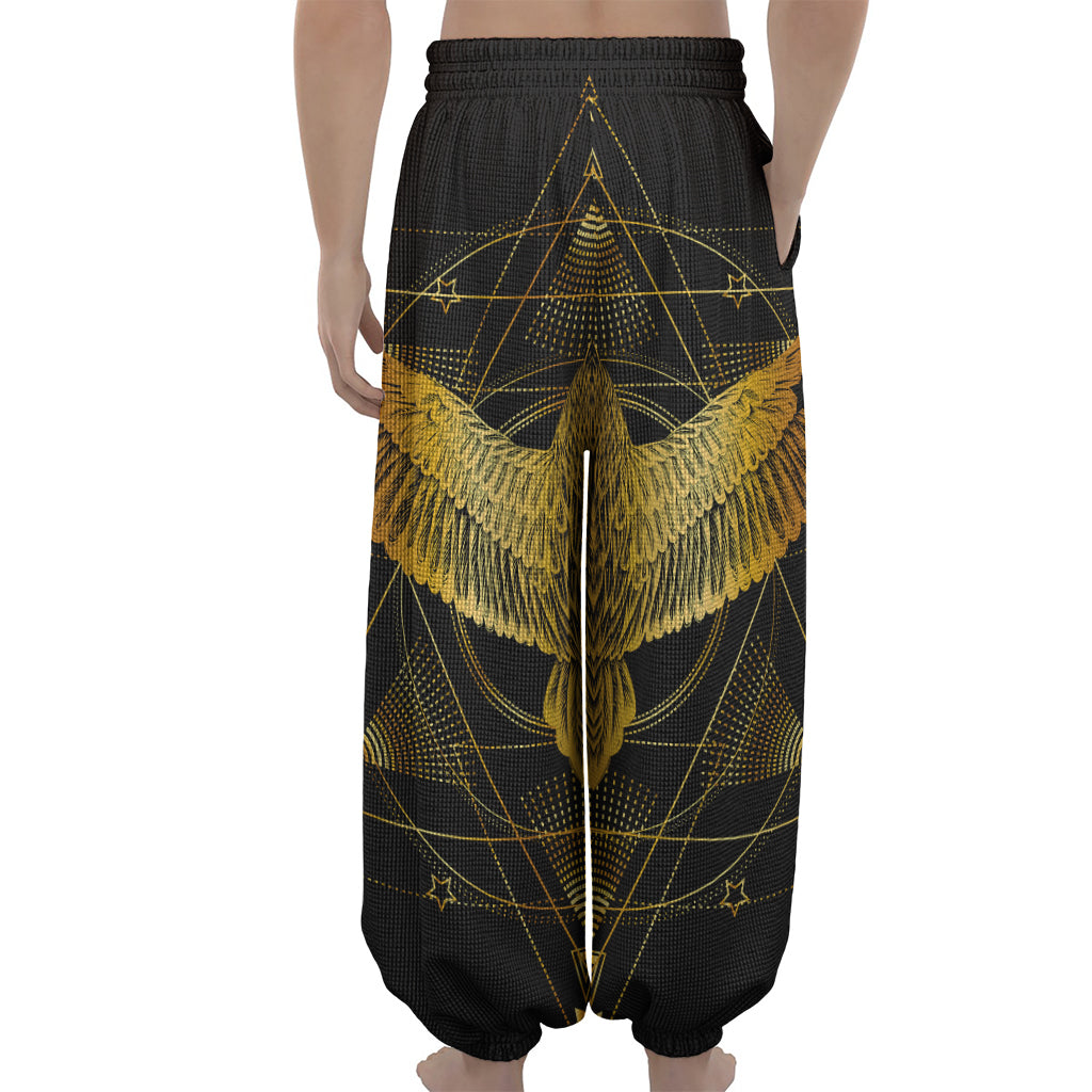 Golden Spiritual Bird Print Lantern Pants