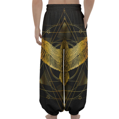 Golden Spiritual Bird Print Lantern Pants