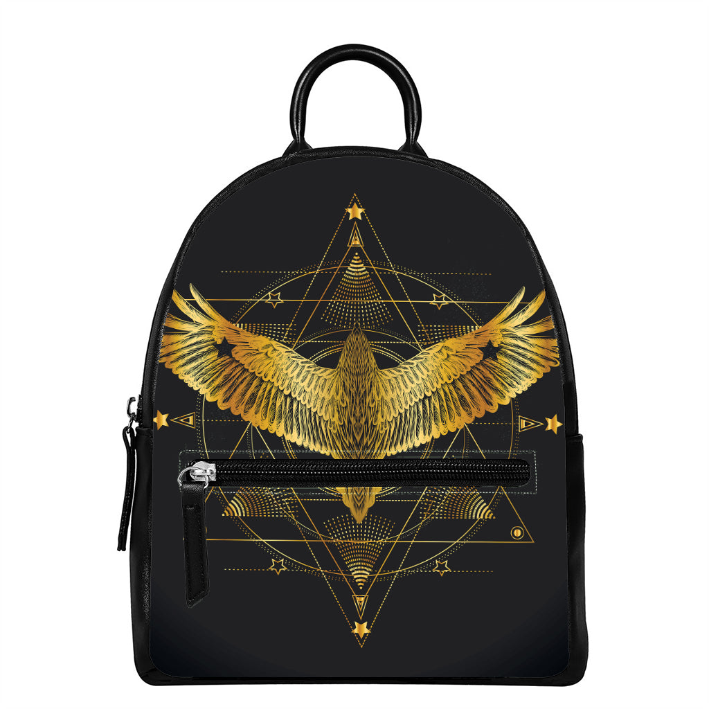 Golden Spiritual Bird Print Leather Backpack