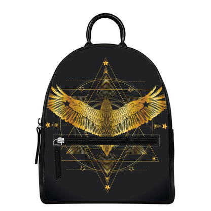 Golden Spiritual Bird Print Leather Backpack
