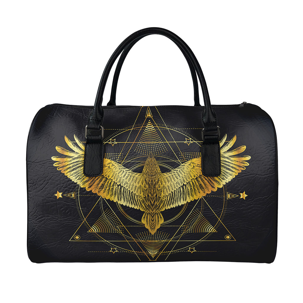 Golden Spiritual Bird Print Leather Duffle Bag