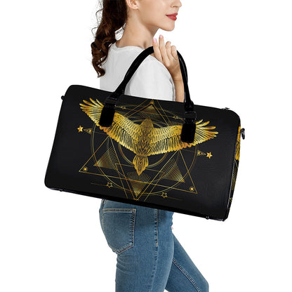 Golden Spiritual Bird Print Leather Duffle Bag
