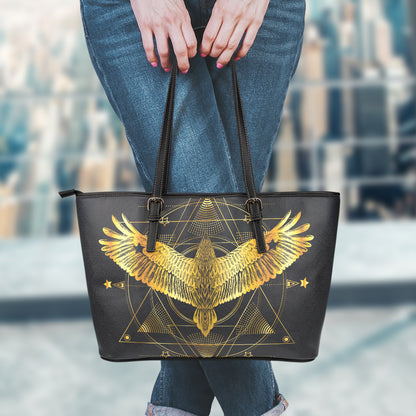 Golden Spiritual Bird Print Leather Tote Bag