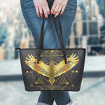 Golden Spiritual Bird Print Leather Tote Bag