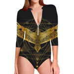 Golden Spiritual Bird Print Long Sleeve Swimsuit