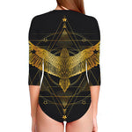 Golden Spiritual Bird Print Long Sleeve Swimsuit