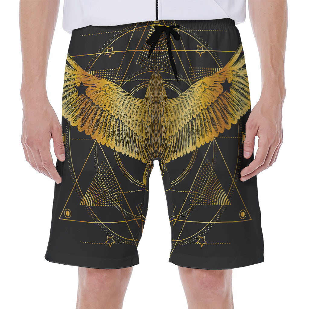 Golden Spiritual Bird Print Men's Beach Shorts