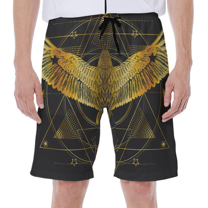 Golden Spiritual Bird Print Men's Beach Shorts