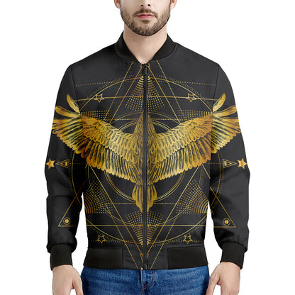 Golden Spiritual Bird Print Men's Bomber Jacket