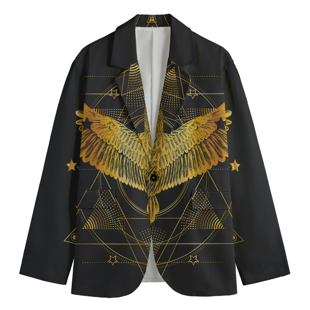 Golden Spiritual Bird Print Men's Cotton Blazer