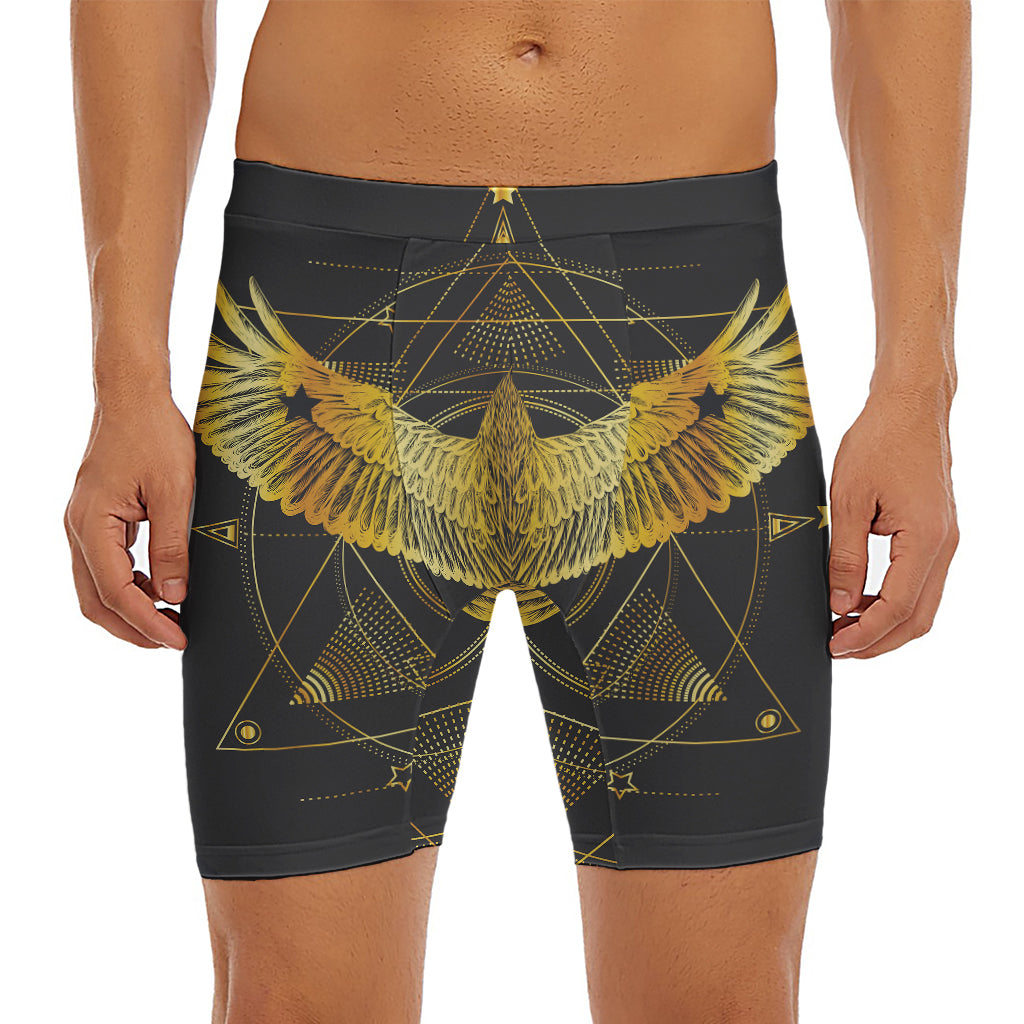 Golden Spiritual Bird Print Men's Long Boxer Briefs