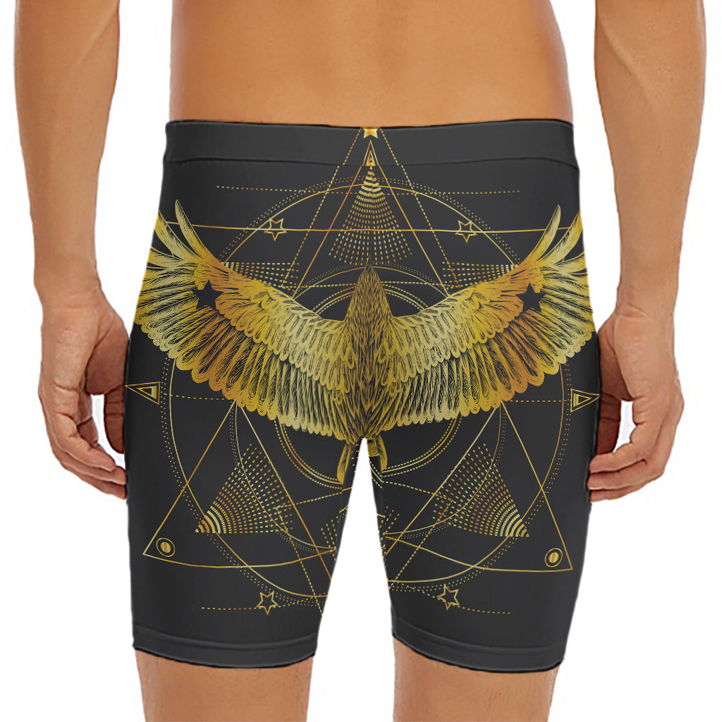 Golden Spiritual Bird Print Men's Long Boxer Briefs