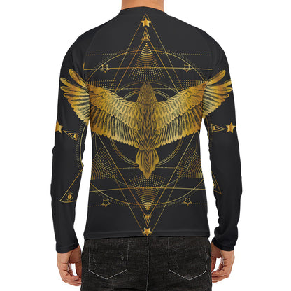 Golden Spiritual Bird Print Men's Long Sleeve Rash Guard