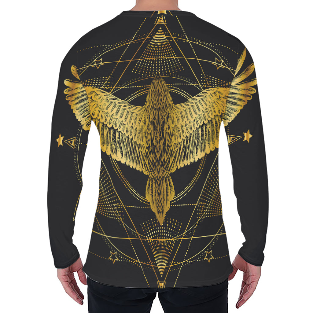 Golden Spiritual Bird Print Men's Long Sleeve T-Shirt