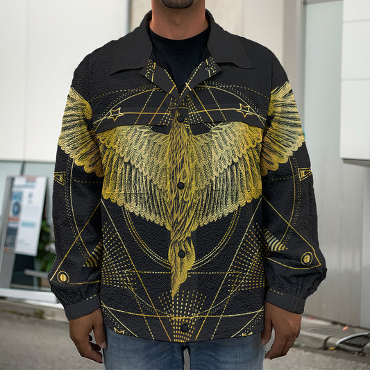 Golden Spiritual Bird Print Men's Shirt Jacket