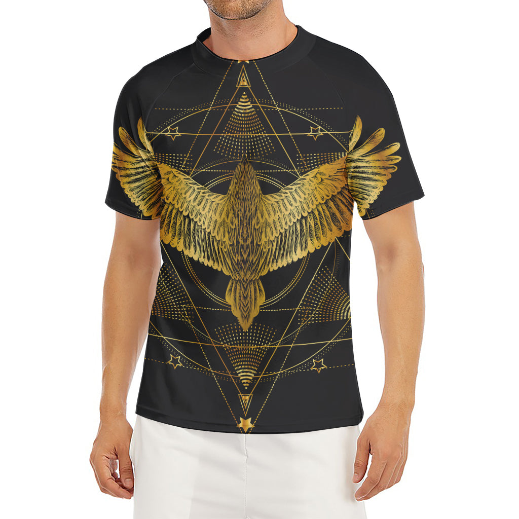 Golden Spiritual Bird Print Men's Short Sleeve Rash Guard