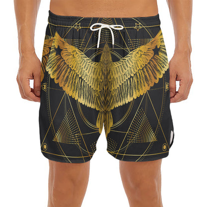 Golden Spiritual Bird Print Men's Split Running Shorts