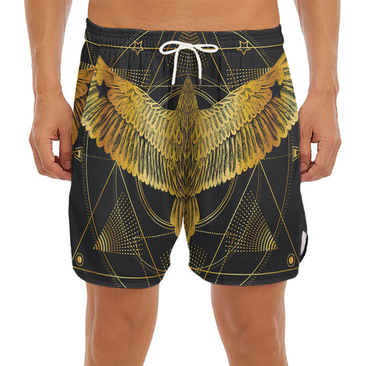 Golden Spiritual Bird Print Men's Split Running Shorts