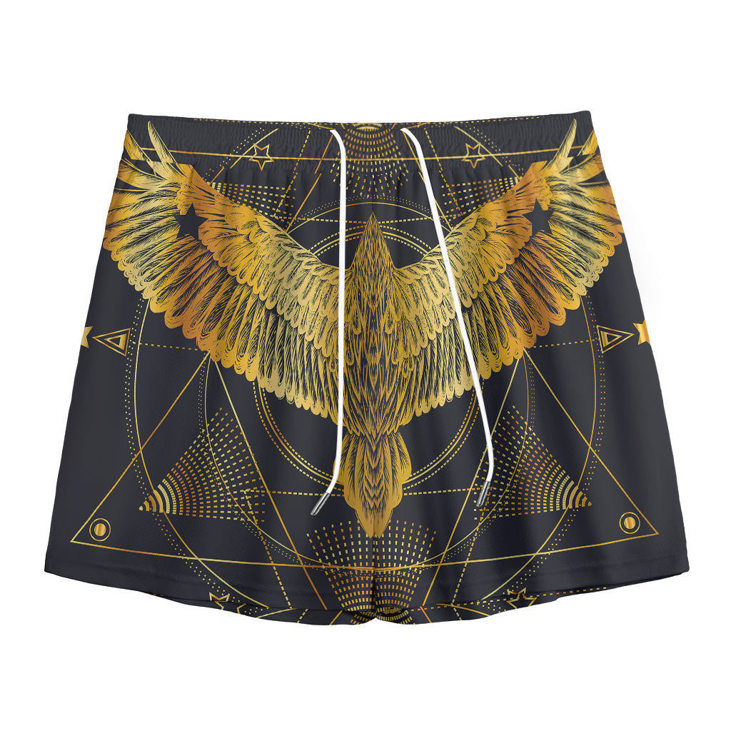 Golden Spiritual Bird Print Mesh Shorts