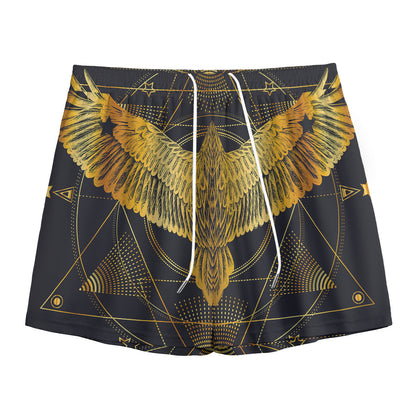 Golden Spiritual Bird Print Mesh Shorts