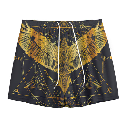 Golden Spiritual Bird Print Mesh Shorts