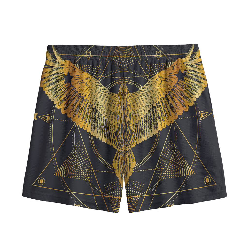 Golden Spiritual Bird Print Mesh Shorts