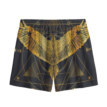 Golden Spiritual Bird Print Mesh Shorts
