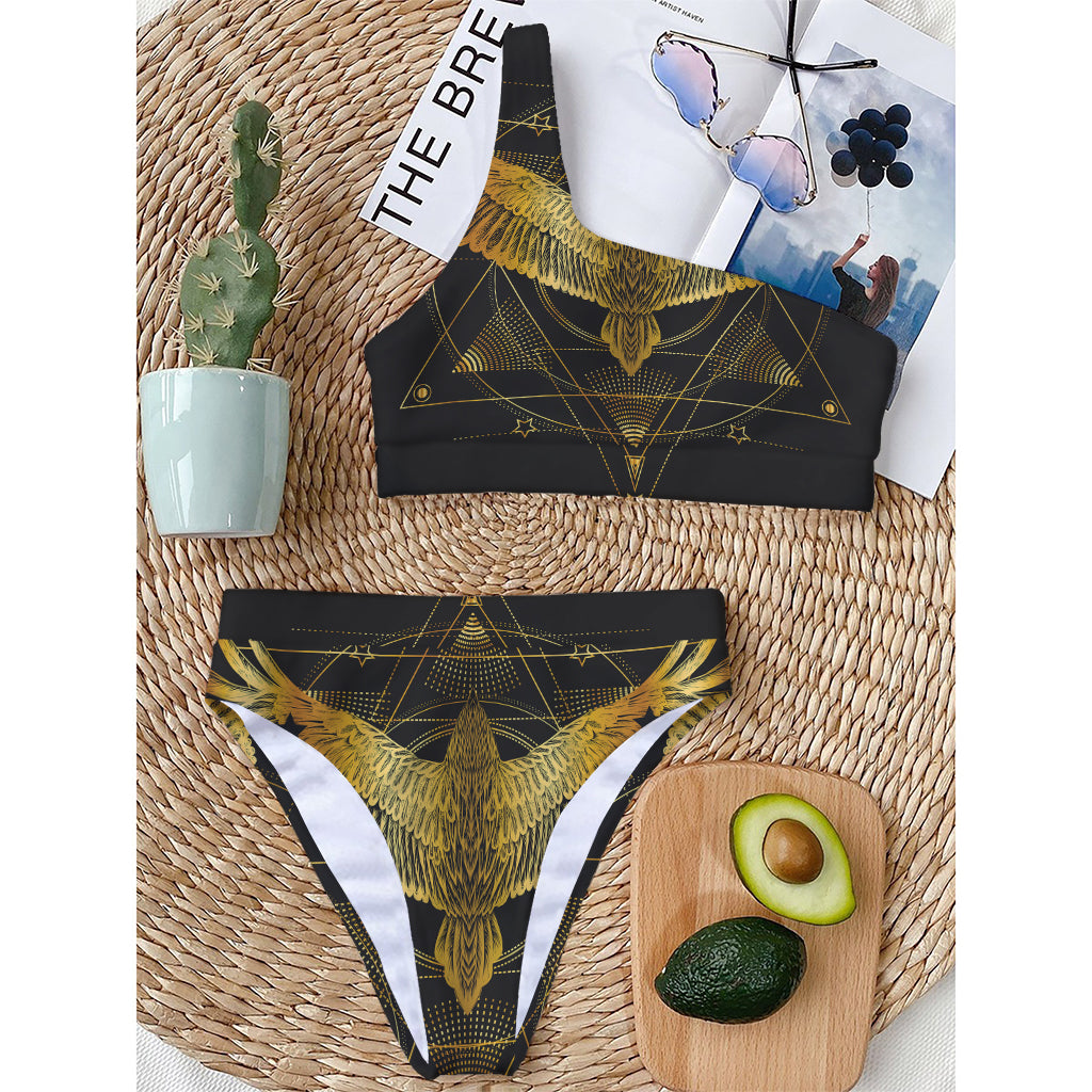 Golden Spiritual Bird Print One Shoulder Bikini Top