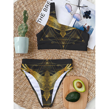 Golden Spiritual Bird Print One Shoulder Bikini Top