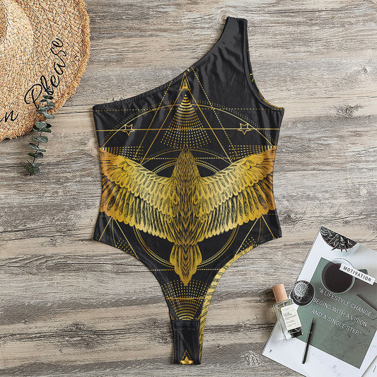 Golden Spiritual Bird Print One Shoulder Bodysuit