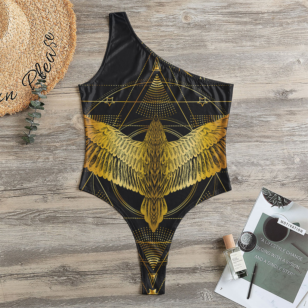 Golden Spiritual Bird Print One Shoulder Bodysuit