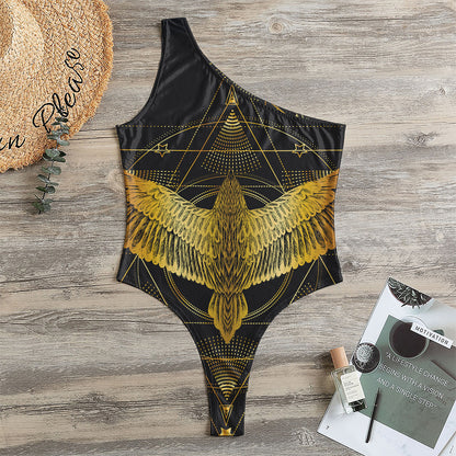 Golden Spiritual Bird Print One Shoulder Bodysuit